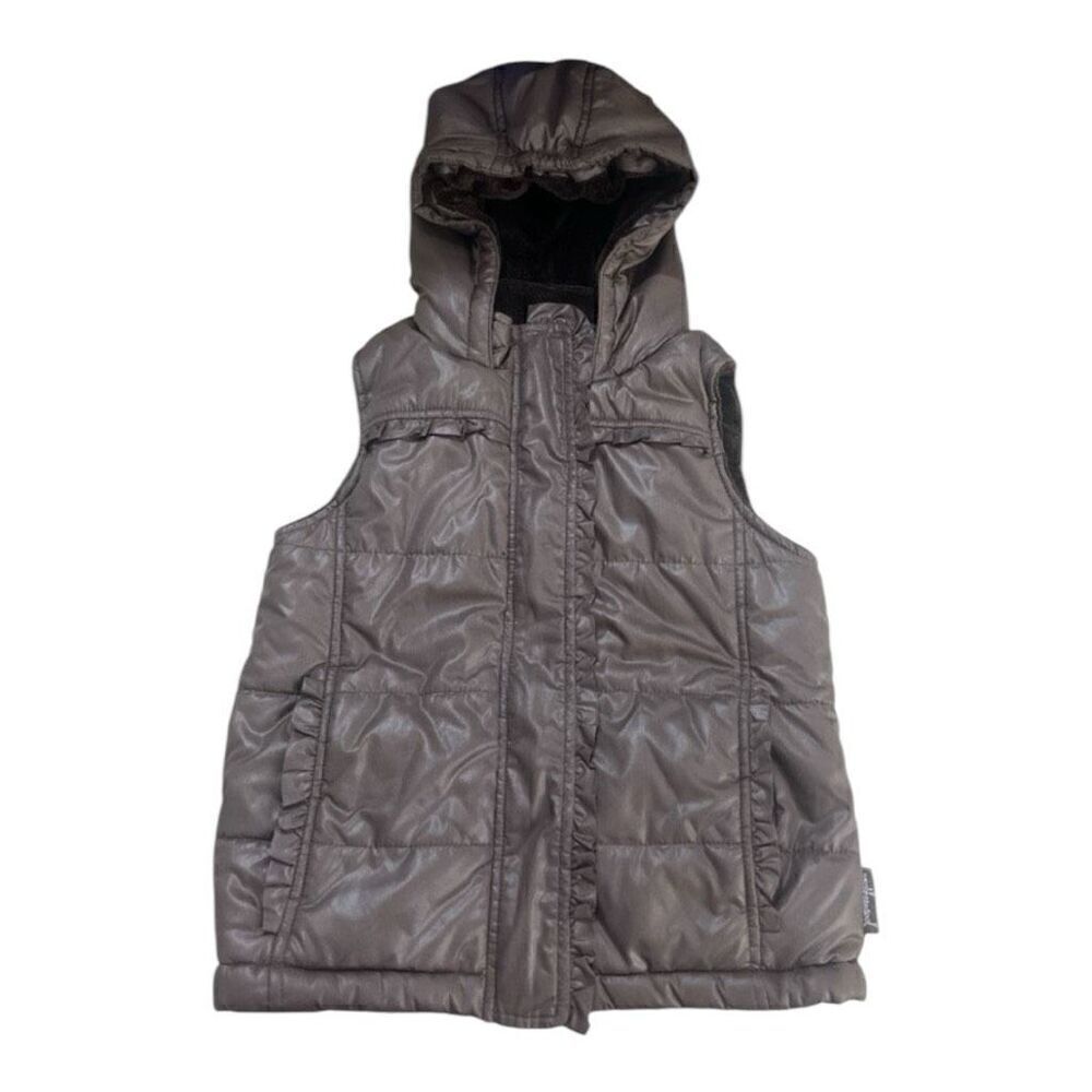 WEATHERPROOF Girls Brown Lined Hooded VEST JACKET Size 6/6X Faux Fur Zip-Front
